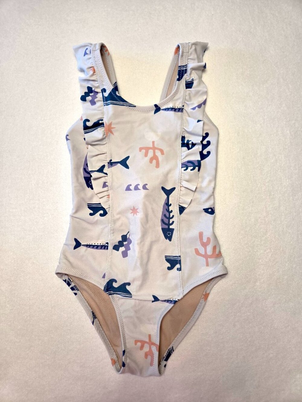Tea Collection Girls Ruffle One Piece Swimsuit Off-White Print Girls Size 6